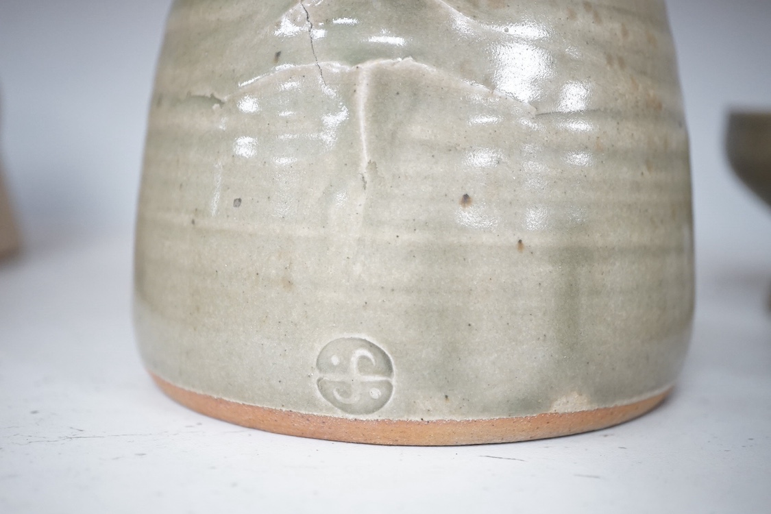 A David Leach St Ives pottery celadon glazed sake set comprising baluster lidded decanter and six stem cups, largest 23cm high. Condition - good